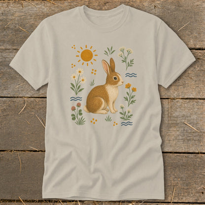 T-shirt with a brown and white rabbit surrounded by flowers, the sun, and wavy lines.
