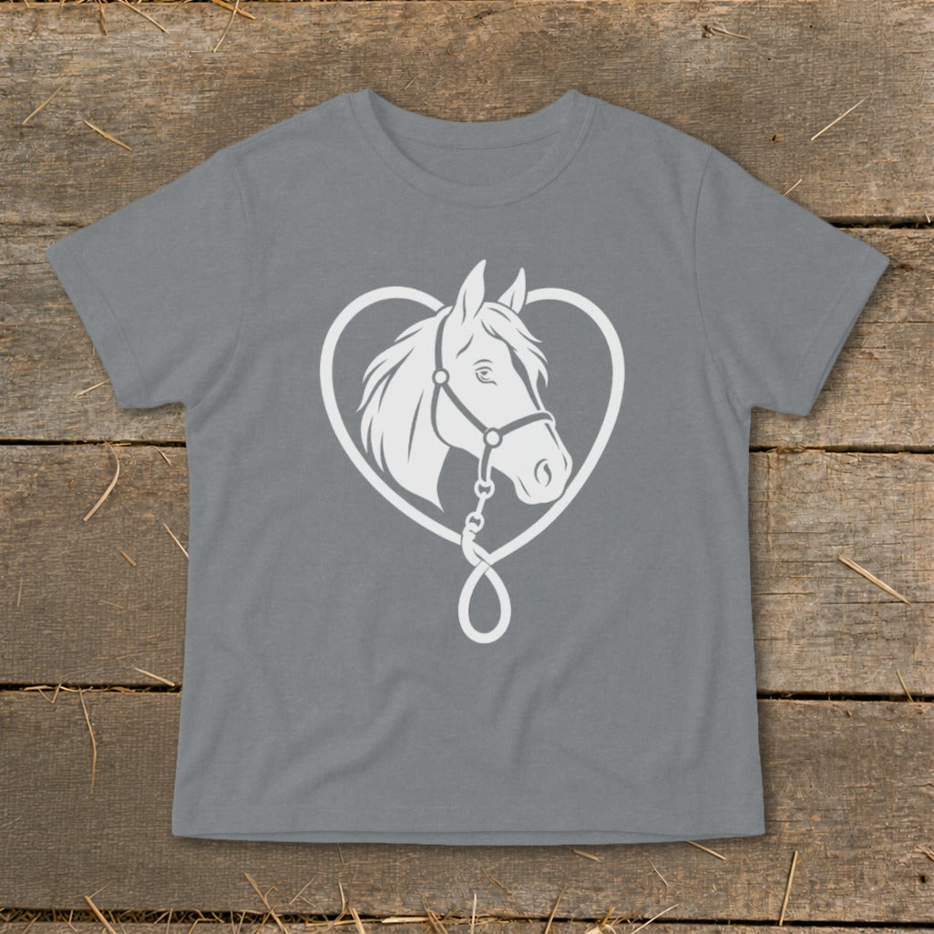A gray t-shirt featuring a white graphic of a horse head inside a heart-shaped rope.