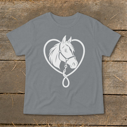 A gray t-shirt featuring a white graphic of a horse head inside a heart-shaped rope.