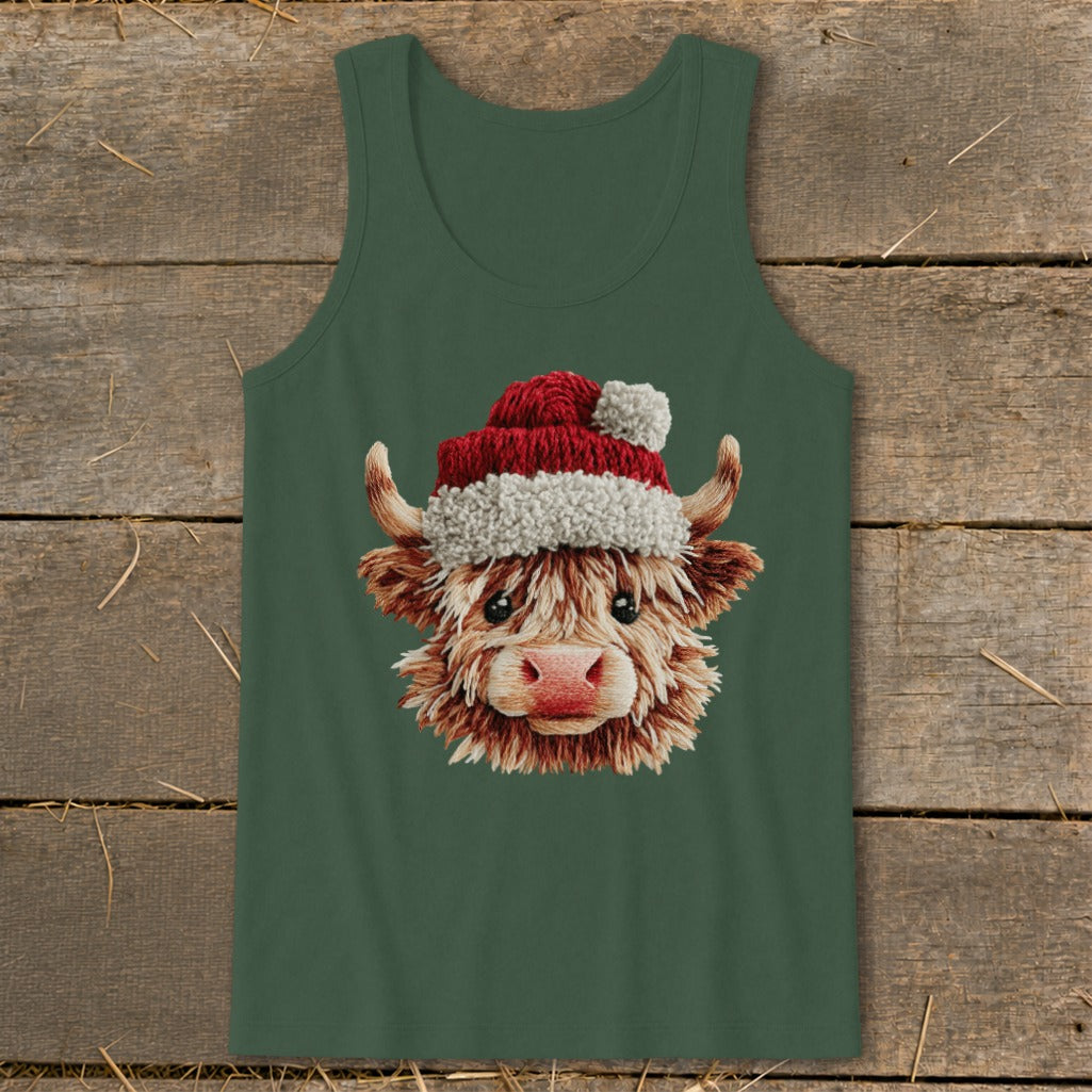 Green tank top with a fluffy cow wearing a Santa hat.
