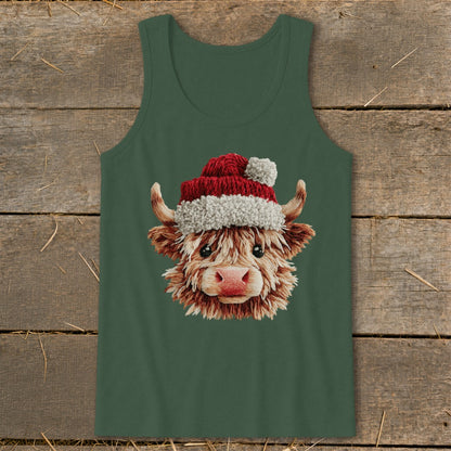 Green tank top with a fluffy cow wearing a Santa hat.