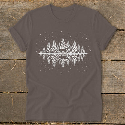 Brown t-shirt with white graphic of horse in snowy forest reflected in water.