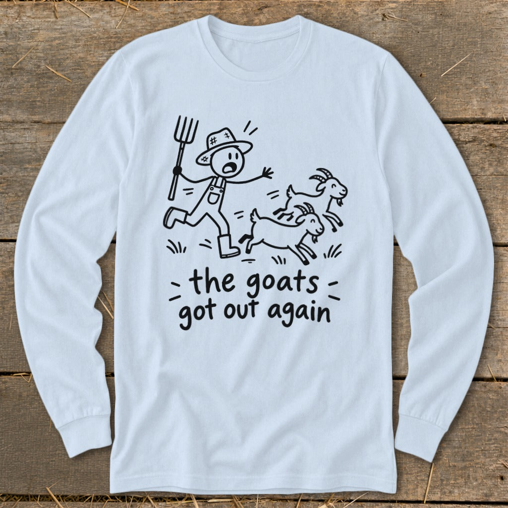 Black and white illustration of a stick figure farmer chasing goats, with text "the goats got out again".