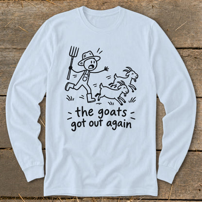 Black and white illustration of a stick figure farmer chasing goats, with text "the goats got out again".