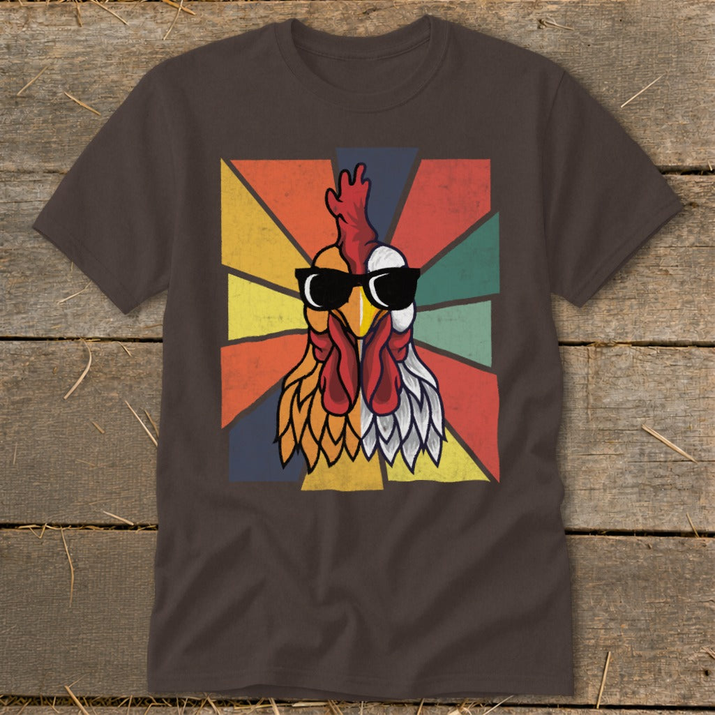 Cool chicken wearing sunglasses against a retro sunburst background.
