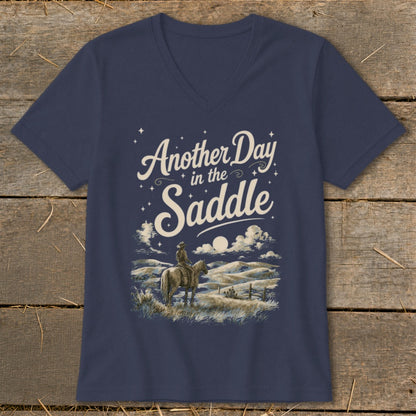 Navy v-neck t-shirt with "Another Day in the Saddle" text and a cowboy on horseback.