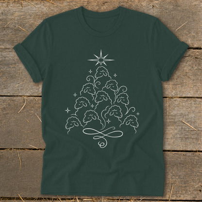 Dark green t-shirt with a white line drawing of sheep forming a Christmas tree.