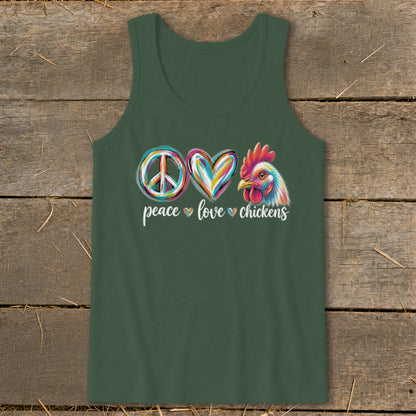 Green tank top with peace sign, heart, and colorful chicken graphic reading "peace love chickens."