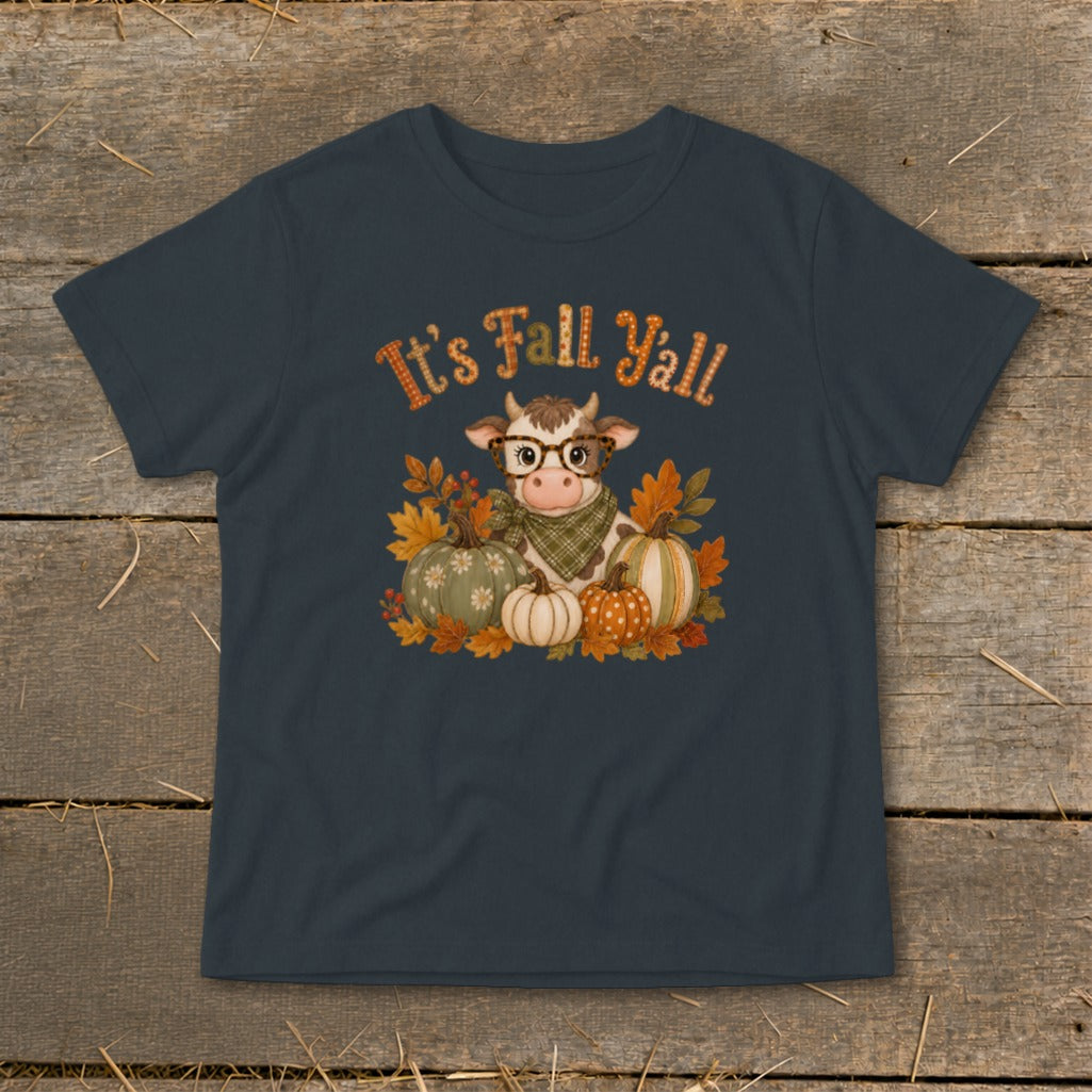 Cow with glasses and bandana, surrounded by pumpkins and autumn leaves, "It's Fall Y'all" text.
