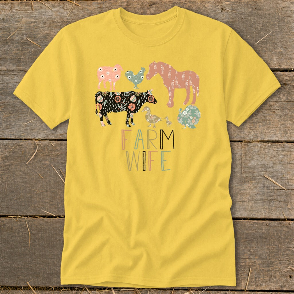 Yellow t-shirt with "FARM WIFE" text and a floral farm animal graphic.