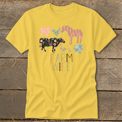 Yellow t-shirt with "FARM WIFE" text and a floral farm animal graphic.