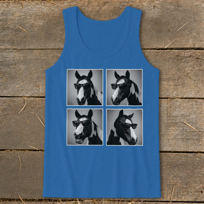 Blue tank top featuring four black and white images of a horse wearing sunglasses.
