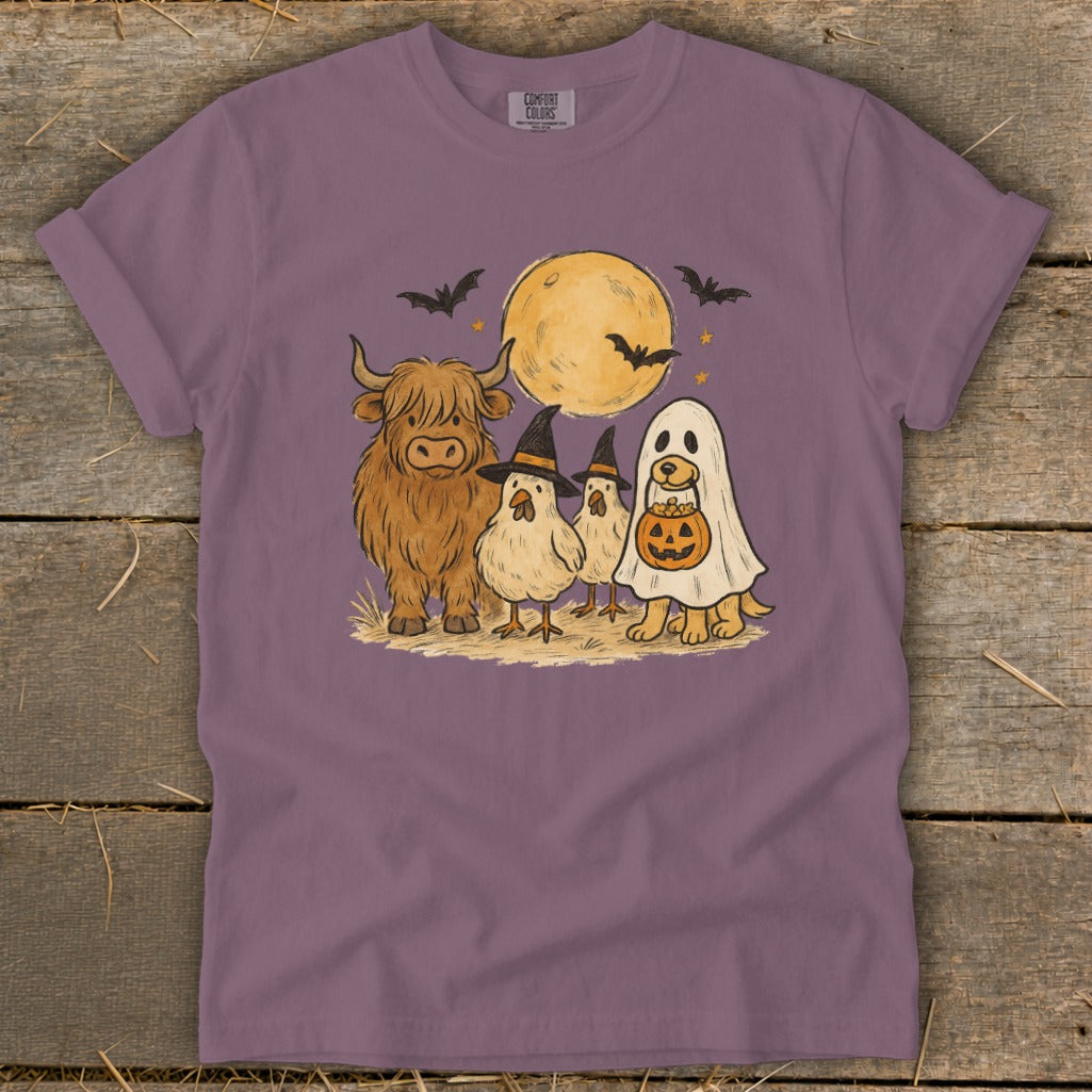 Halloween animals: highland cow, chickens, and dog in ghost costume, with moon and bats.