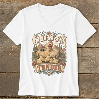 Chicken Tender graphic with hen and chicks in a desert landscape.