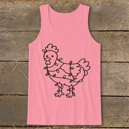 Pink tank top with a line drawing of a chicken wrapped in colorful Christmas lights.
