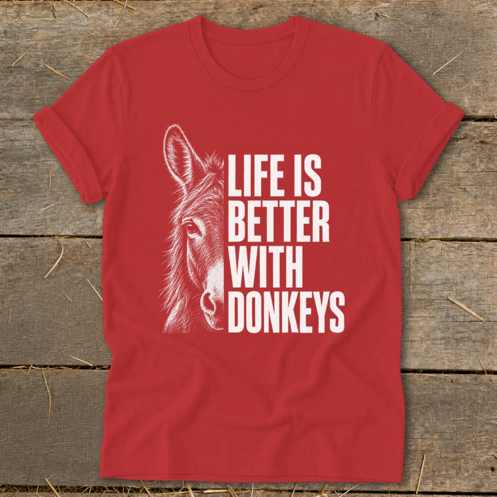 Red t-shirt with donkey drawing and text "Life is Better With Donkeys".