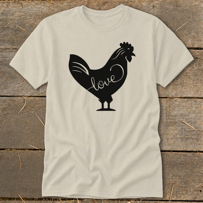 T-shirt with a black rooster silhouette containing the word "love".
