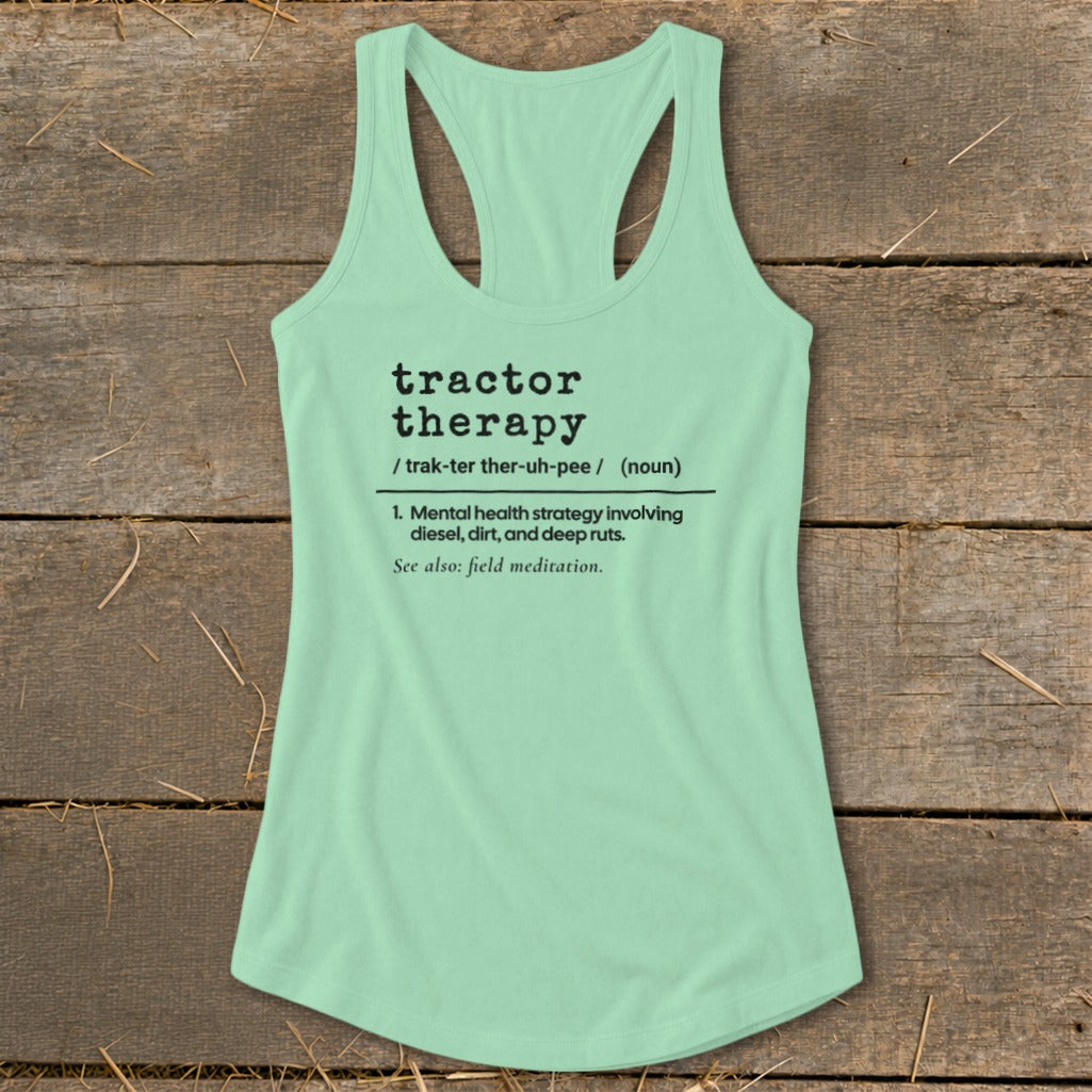 Mint green tank top with "tractor therapy" definition printed in black text.