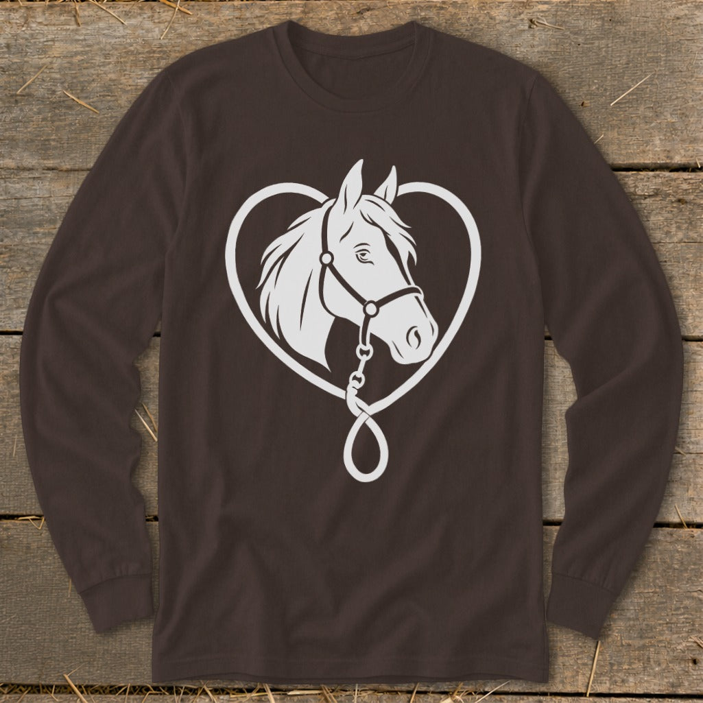 A dark brown long-sleeve t-shirt featuring a white graphic of a horse head inside a heart shape.