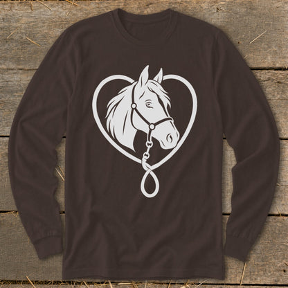A dark brown long-sleeve t-shirt featuring a white graphic of a horse head inside a heart shape.