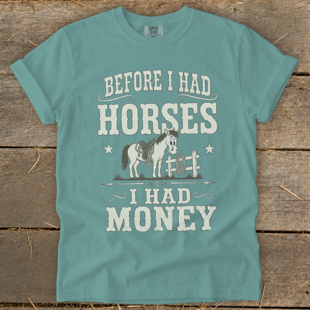 Teal t-shirt with "Before I Had Horses I Had Money" text and cartoon horse graphic.