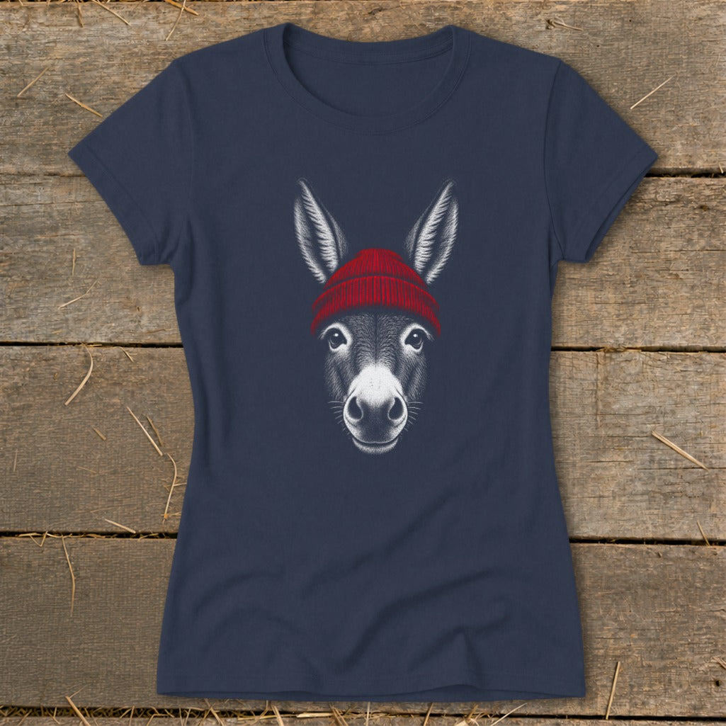 A dark blue women's t-shirt features a graphic print of a donkey wearing a red knit beanie.