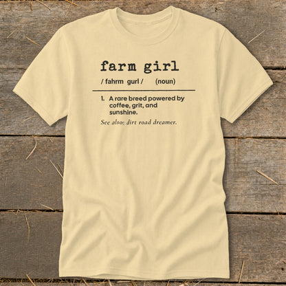 Light yellow t-shirt with "farm girl" definition printed in black text.