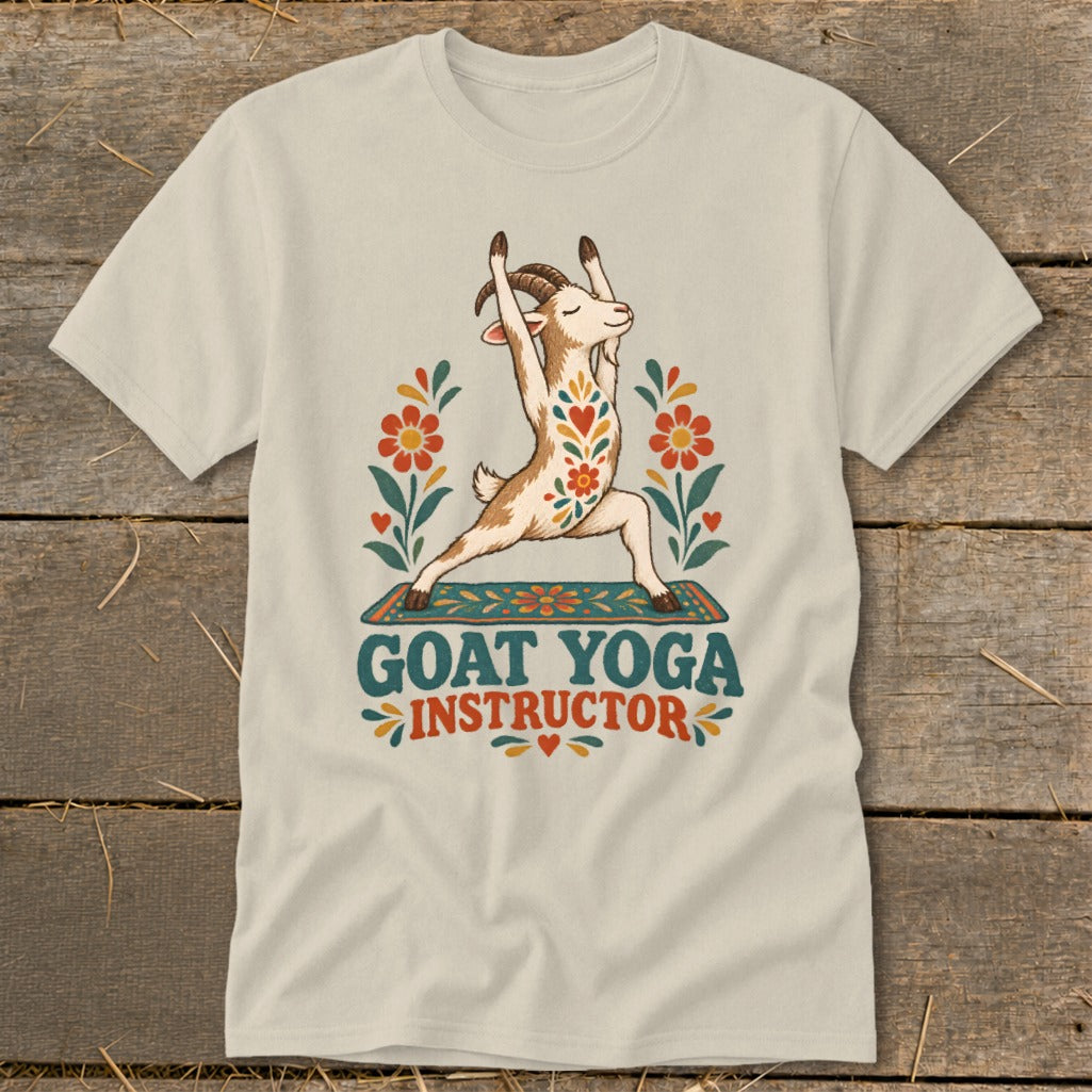 Goat doing yoga pose on mat with floral accents and text "Goat Yoga Instructor".