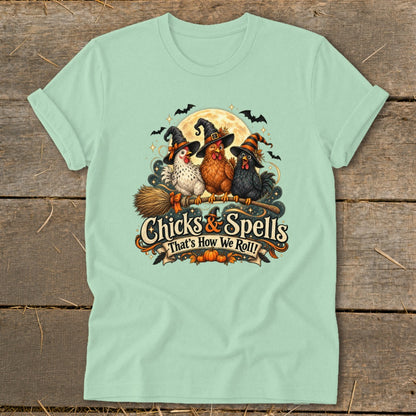 Three witch chickens on a broom with "Chicks & Spells" text.