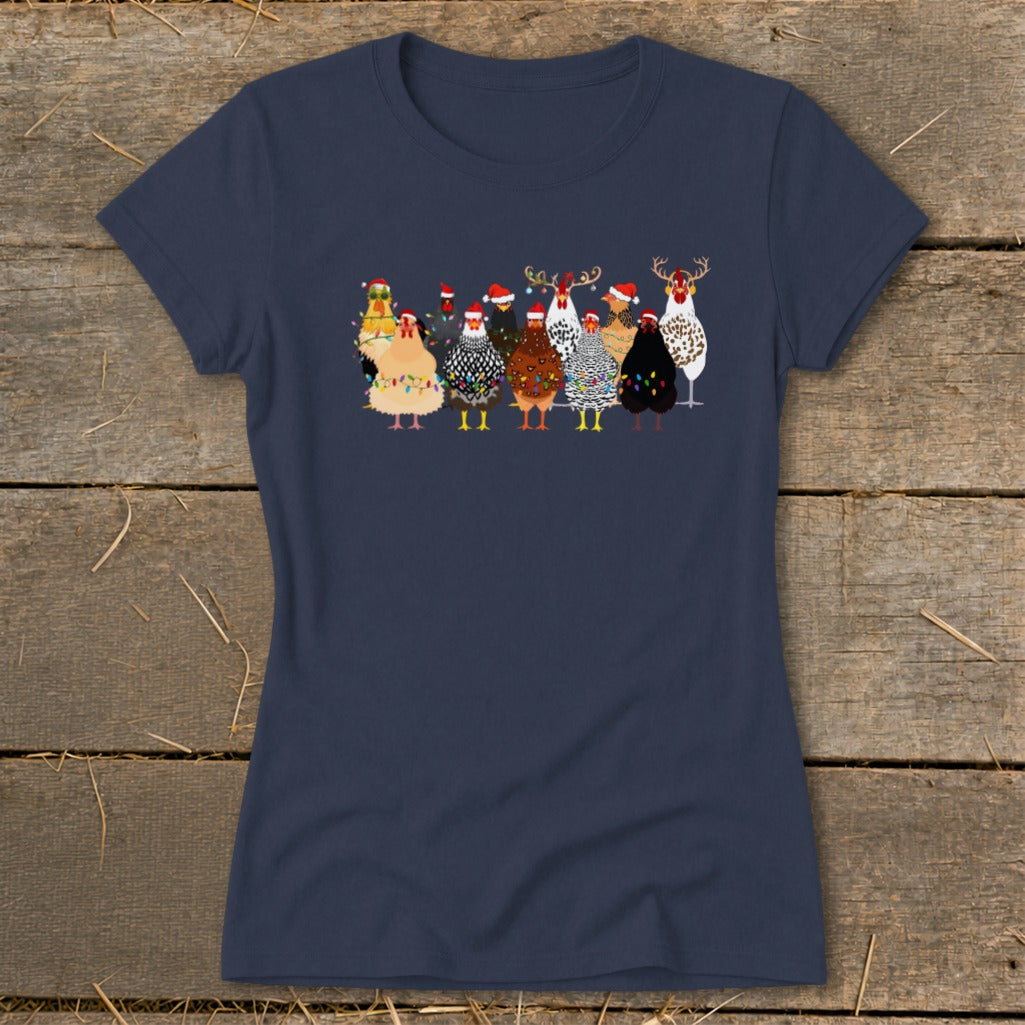T-shirt with a Christmas-themed graphic of chickens wearing Santa hats and adorned with lights.