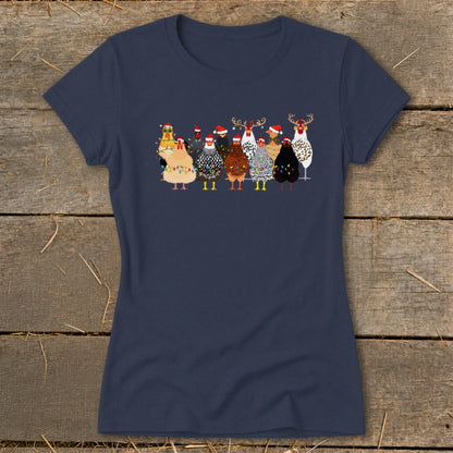 T-shirt with a Christmas-themed graphic of chickens wearing Santa hats and adorned with lights.