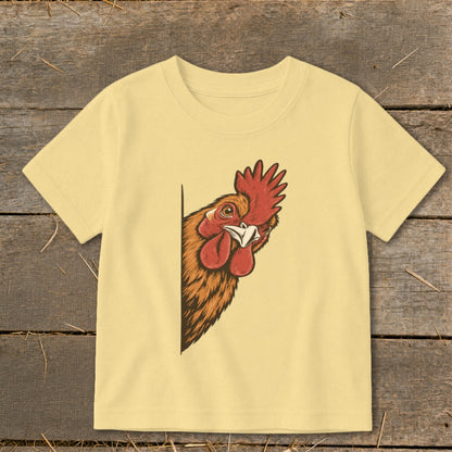 Light yellow t-shirt with a peeking rooster illustration on the front.
