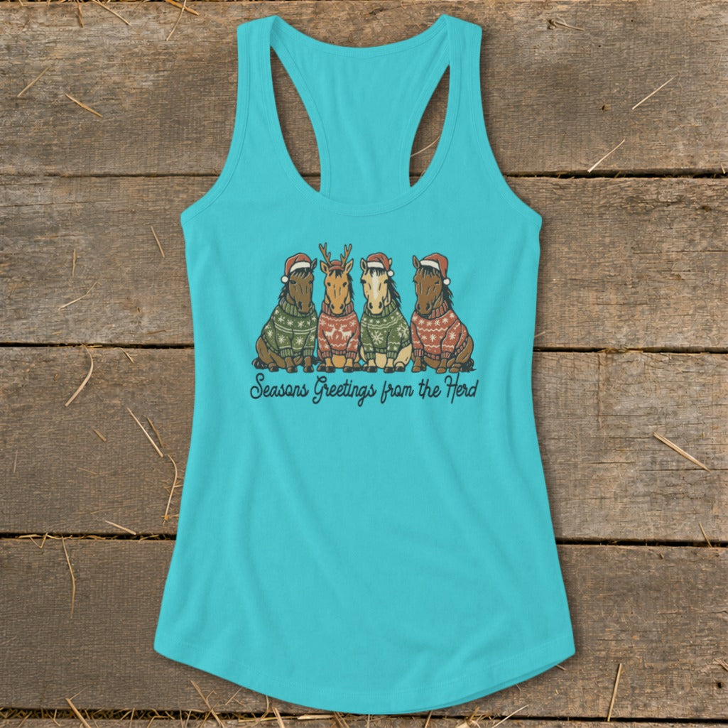 Turquoise tank top with four horses wearing Christmas sweaters and Santa hats.