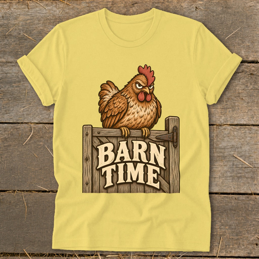 Chicken sitting on a wooden sign that reads "BARN TIME".