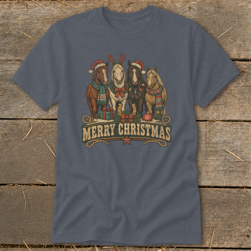 Four horses wearing Santa hats and scarves, with text "Merry Christmas".