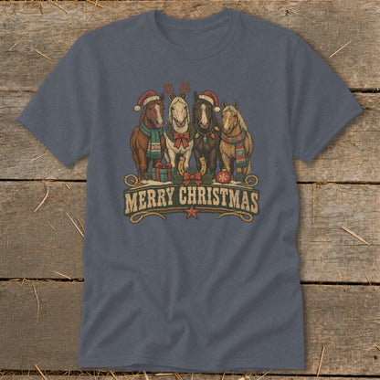 Four horses wearing Santa hats and scarves, with text "Merry Christmas".