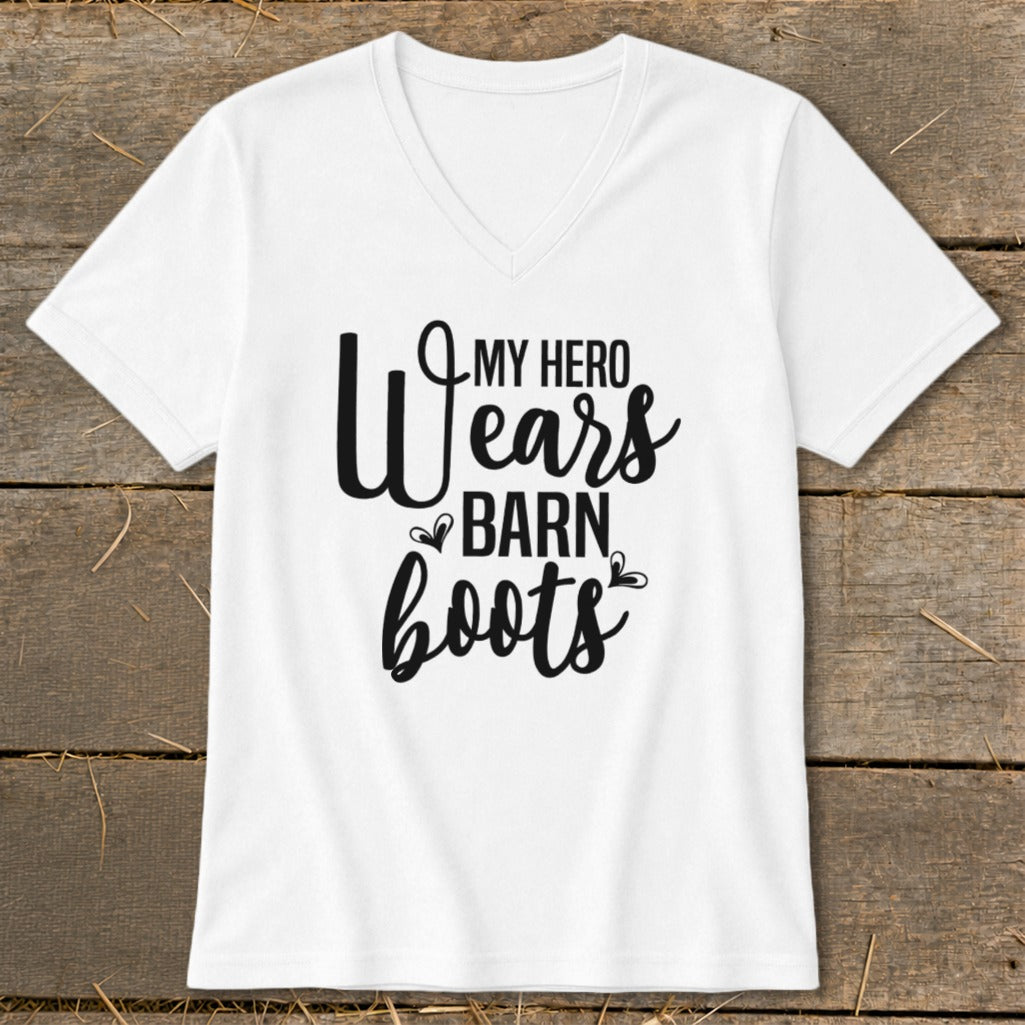 White t-shirt with black text "My hero wears barn boots".