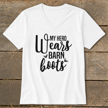 White t-shirt with black text "My hero wears barn boots".