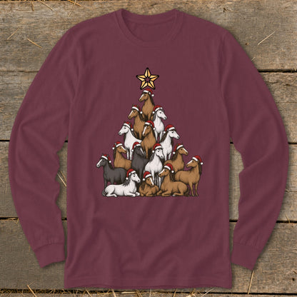 Maroon long-sleeve shirt with horses arranged as a Christmas tree, wearing Santa hats.
