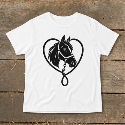 A short-sleeved white t-shirt featuring a black graphic of a horse's head inside a heart.