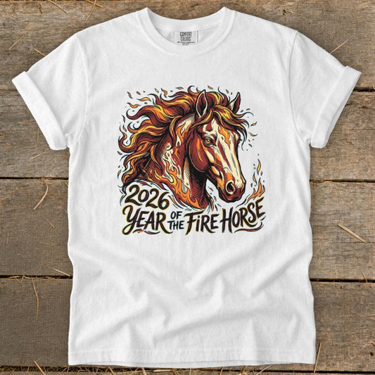 White t-shirt with a graphic of a horse with flames and text "2026 Year of the Fire Horse".