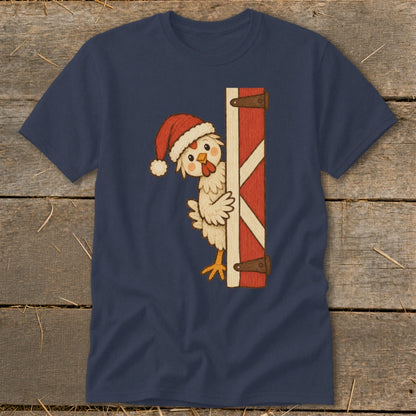 Cartoon chicken wearing a Santa hat peeking from behind a red barn door.
