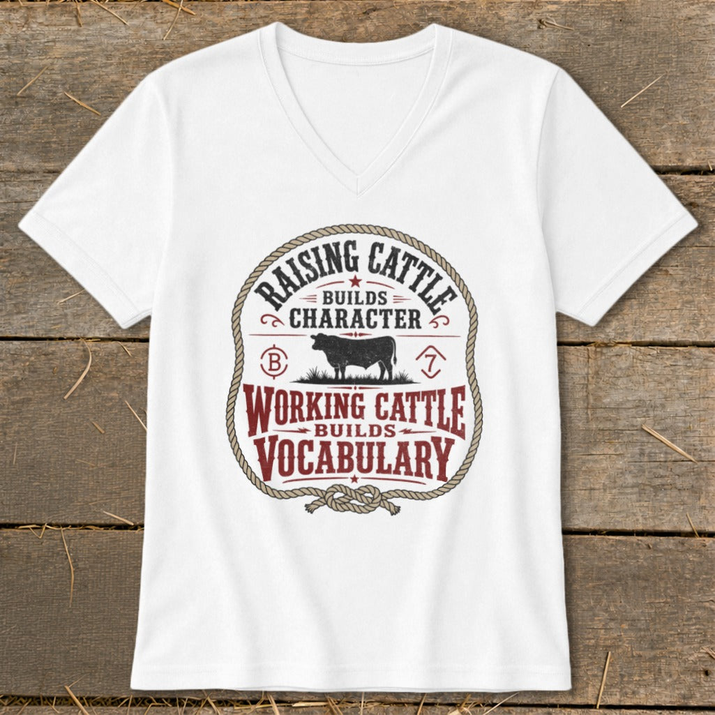 White v-neck t-shirt with "Raising Cattle Builds Character" and "Working Cattle Builds Vocabulary" graphic.