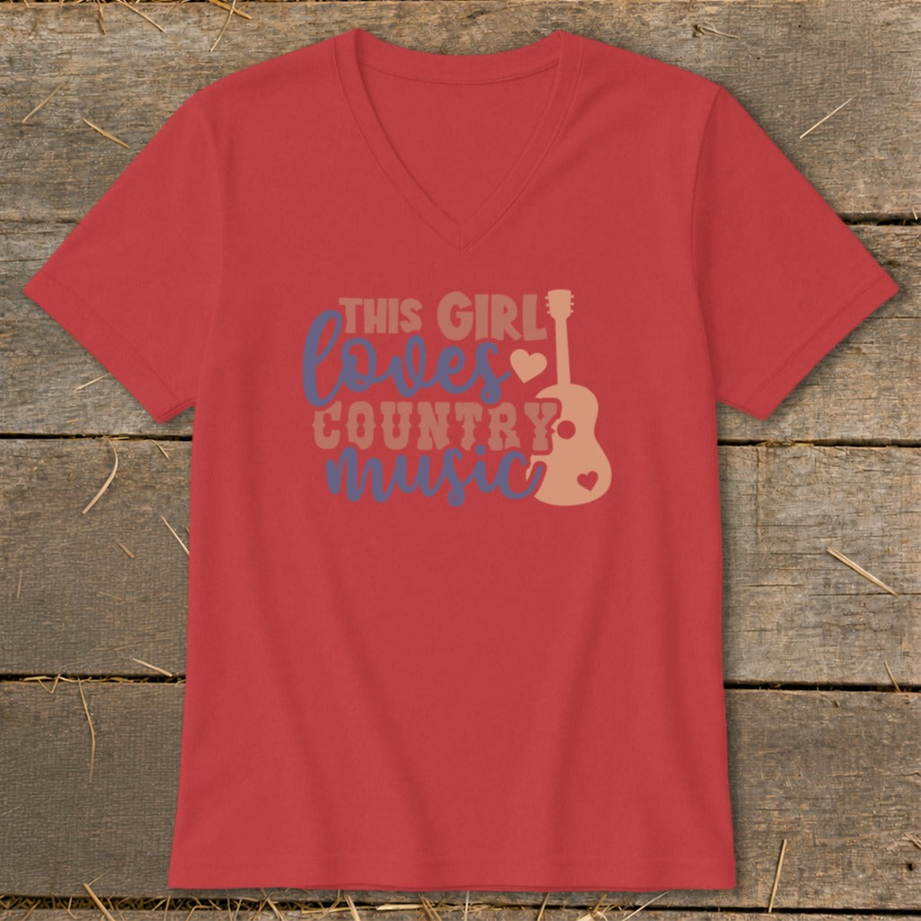 Red v-neck t-shirt with "THIS GIRL LOVES COUNTRY MUSIC" and guitar graphic.