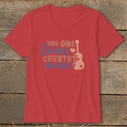 Red v-neck t-shirt with "THIS GIRL LOVES COUNTRY MUSIC" and guitar graphic.
