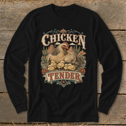 Black long-sleeve shirt with "Chicken Tender" text and hen with chicks graphic.