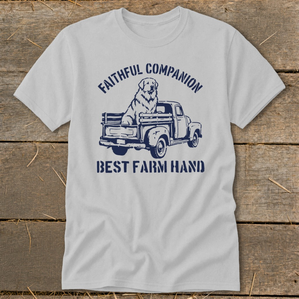 Light gray t-shirt with a dark blue graphic of a dog in a truck and text.