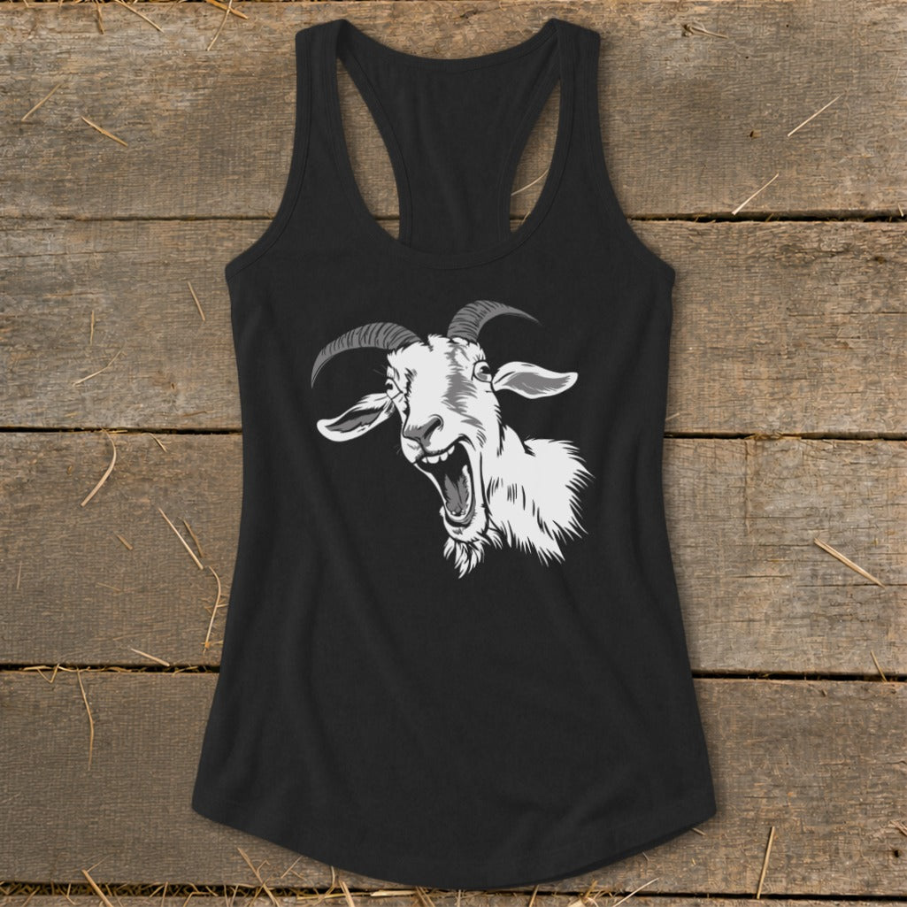 Black racerback tank top with a distressed white graphic of a screaming goat.
