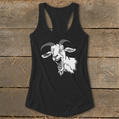 Black racerback tank top with a distressed white graphic of a screaming goat.