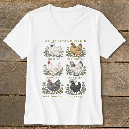 "The Backyard Flock" shirt features six illustrated chicken breeds with their names.